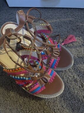 Brown Fringe Gladiator Sandals with Pink & Blue Accents
